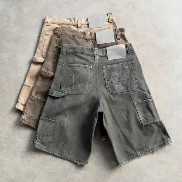 American European Men's Vintage Print Mid-Waist High-Waist Light-Colored Wash Embroidery Oversized Denim Shorts for Summer - Image 2