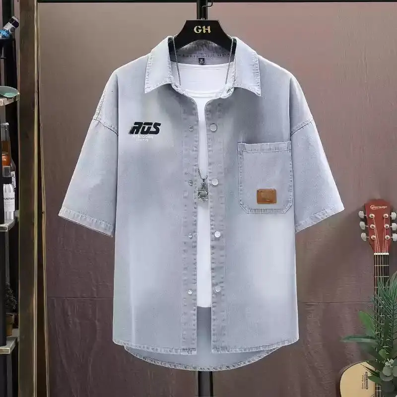 Design Vintage Oversize Jeans Shirt High Quality Washed Denim for Men Plus Size Printed Shirts