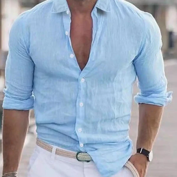 European American High-End Men's Slim-Fitting Linen Long-Sleeved Work Shirts Breathable White Cardigans for Sun Protection - Image 4