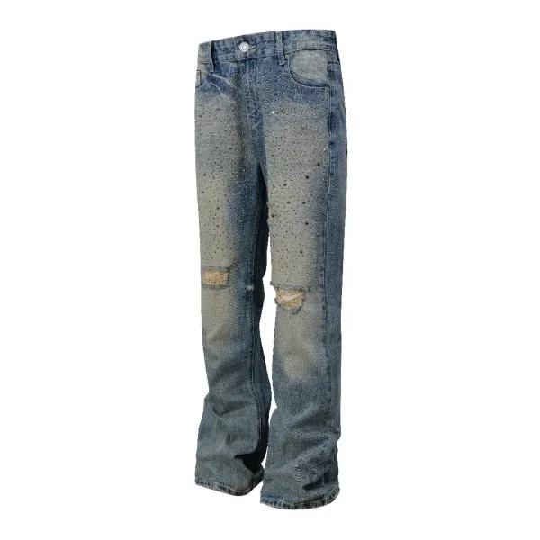 European American Vintage Men's Slim Fit Straight Denim Pants Mid Waist Rhinestone Decorated Washed Printed Jeans for Men - Image 4