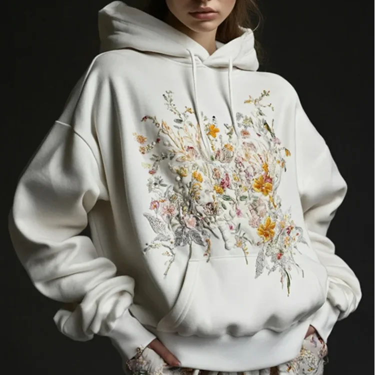 2025 Women’s Vintage Wildflower Floral Embroidered Hoodie Sweater Loose Casual Style European American Plus Size for Winter