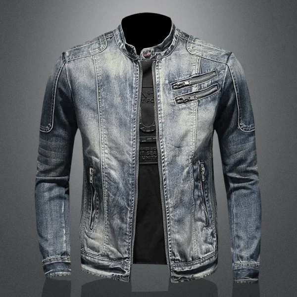Men's Retro American Slim Stand Collar Denim Jacket with Zipper Casual Work Cycling Motorcycle Riding Featuring Jeans Jacket - Image 6