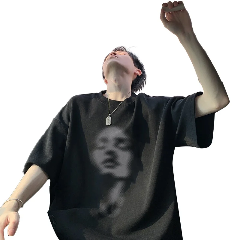 Men’s Black Cotton Short Sleeve T-Shirt Summer New American Heavyweight Trendy Half Sleeve Face Heat Transfer Character