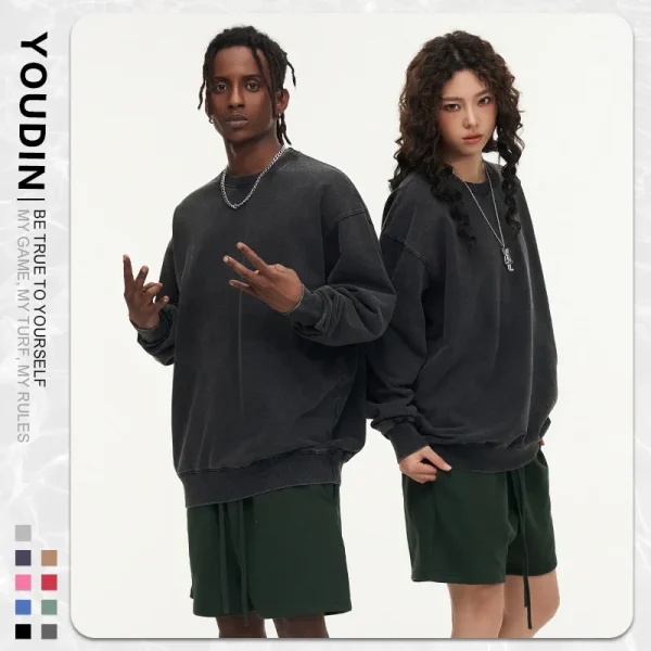 European Size Sweatshirt Pure Cotton Washed Distressed Heavyweight  Autumn Winter Tops Jacket Drop Shoulder Unisex Sweatshirt - Image 3