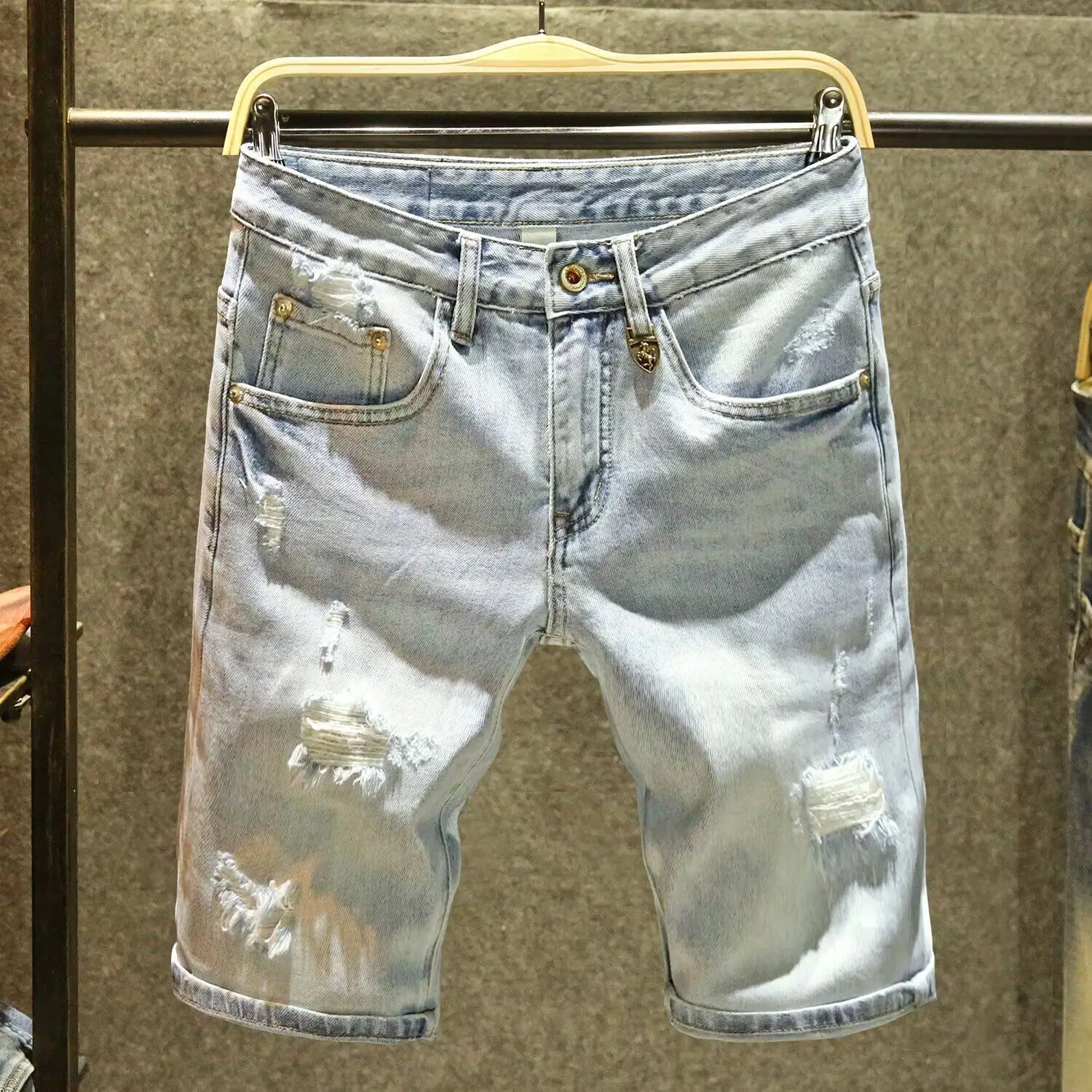 American European Vintage Jeans Shorts Cotton Denim Pants Distressed Washed Zipper Fly  Design Casual  Shorts for Men