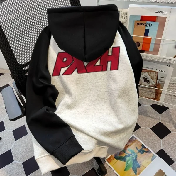 American Vintage 2025 Autumn Winter Men's Patchwork Hoodie High Street Fashion Raglan Sleeve Hoodie for Men - Image 2