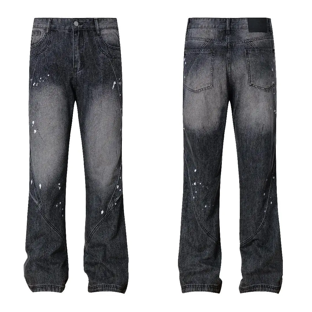 European American Vintage Men’s Slim Fit Denim Pants Mid Waist Button Decorated Washed Printed Jeans Pants for Men