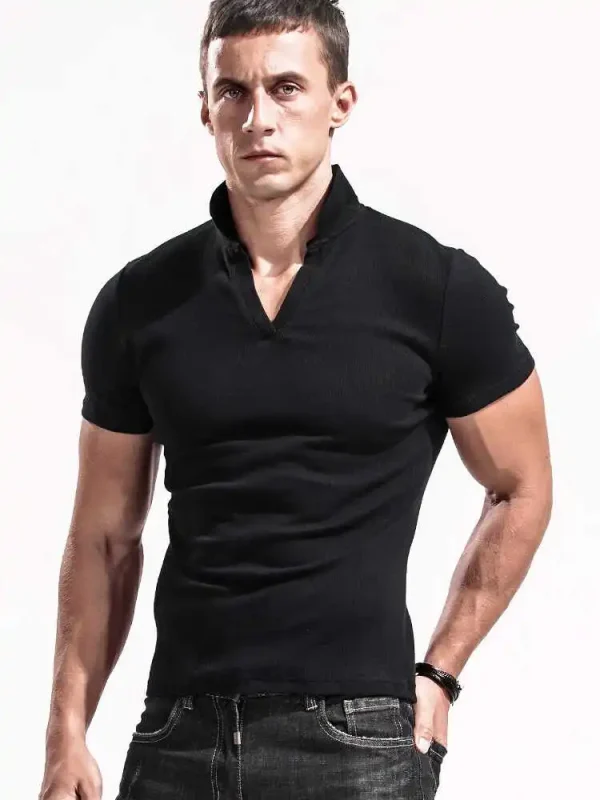 American Style Men's for Polo Shirt Short Sleeve Slim Fit V-Neck Stretch Solid Color T-Shirt with Turn-Down Collar Knitted - Image 4