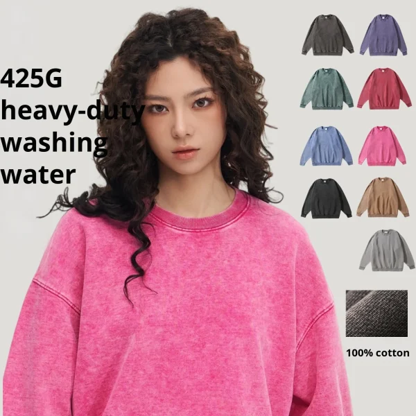 European Size Sweatshirt Pure Cotton Washed Distressed Heavyweight  Autumn Winter Tops Jacket Drop Shoulder Unisex Sweatshirt - Image 2
