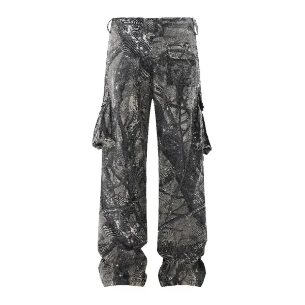 American Vintage Men's Slim Fit Button-Cargon Pants Mid Waist Washed Denim with Tree Print Breathable Baggy Pants for Summer - Image 3