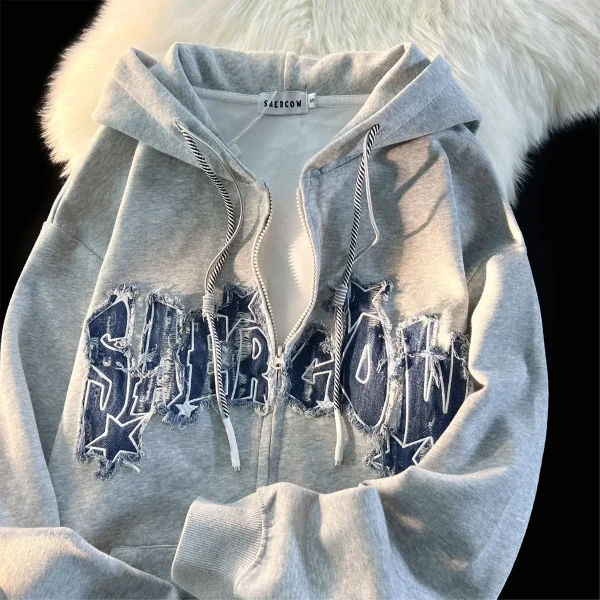 American Retro Trendy Letter Star Cardigan Jacket for Men Women 100% Cotton Hoodie Oversize Zipper Sweatshirt - Image 2