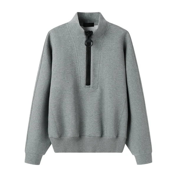 2025 Unisex Korean Style Deconstructed Design Gray Half-Zip Long Sleeve Pullover Sweatshirt Hooded Collar for Autumn