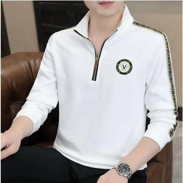 Men's Casual Printed Long Sleeve for Polo T-Shirt Breathable Floral Embroidered Knitted Clothing with Zipper Design - Image 2