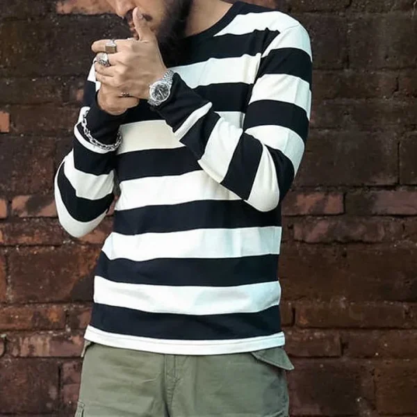 Design Men's Long Sleeve T-Shirts O-Neck T-Shirts  100% Cotton Knitted Stripe Printed  Oversized  T-Shirt for Men