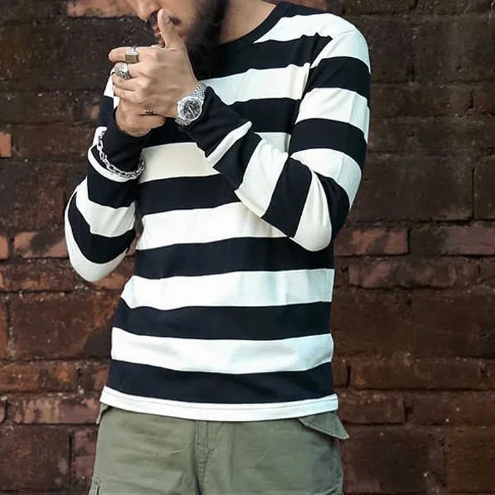 Design Men’s Long Sleeve T-Shirts O-Neck T-Shirts  100% Cotton Knitted Stripe Printed  Oversized  T-Shirt for Men
