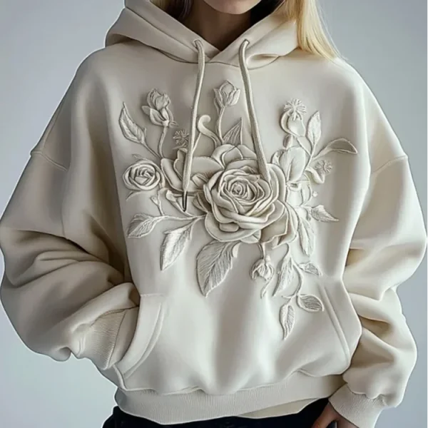 2025 Women's Vintage Wildflower Floral Embroidered Hoodie Sweater Loose Casual Style European American Plus Size for Winter - Image 3