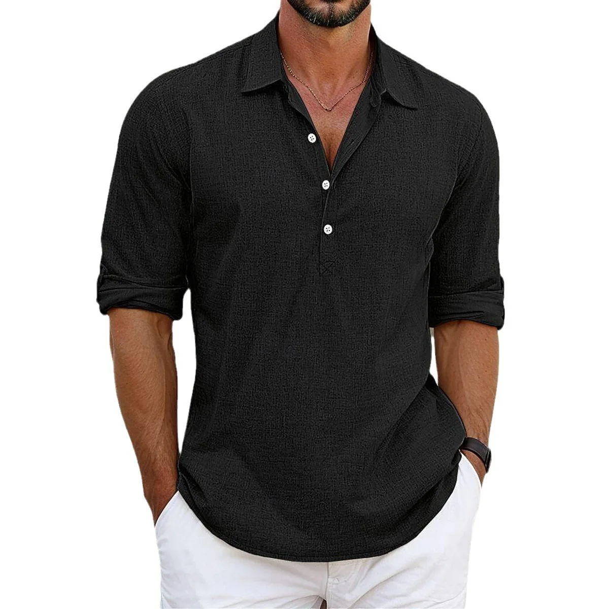 2025 Summer Trendy Solid Color 100% Cotton Men’s Casual Long Sleeve Turn-Down Collar Half Cardigan European American Plus Size