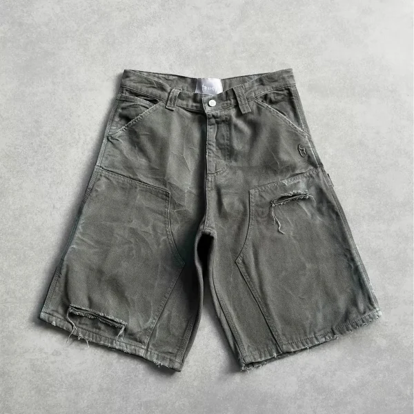 American European Men's Vintage Print Mid-Waist High-Waist Light-Colored Wash Embroidery Oversized Denim Shorts for Summer - Image 5