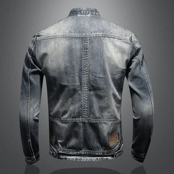 Men's Retro American Slim Stand Collar Denim Jacket with Zipper Casual Work Cycling Motorcycle Riding Featuring Jeans Jacket - Image 4