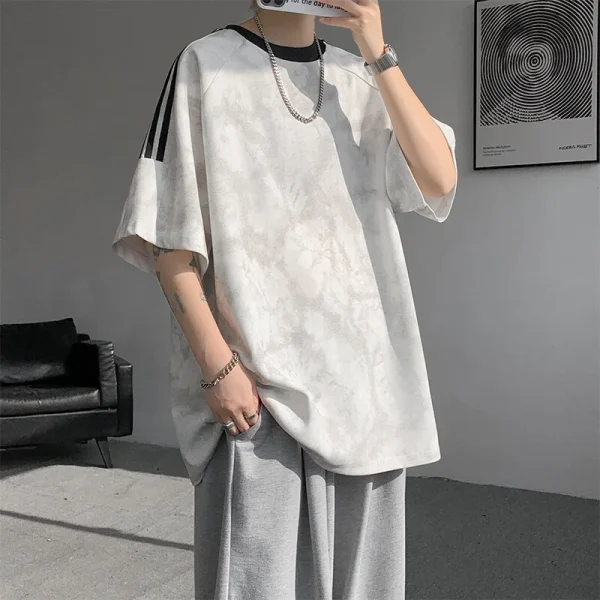American Retro Trendy Summer Half-Sleeved Top for Men 220 Grams Solid Hand-Tied Dye High Street Style 100% Cotton Short-Sleeved - Image 2