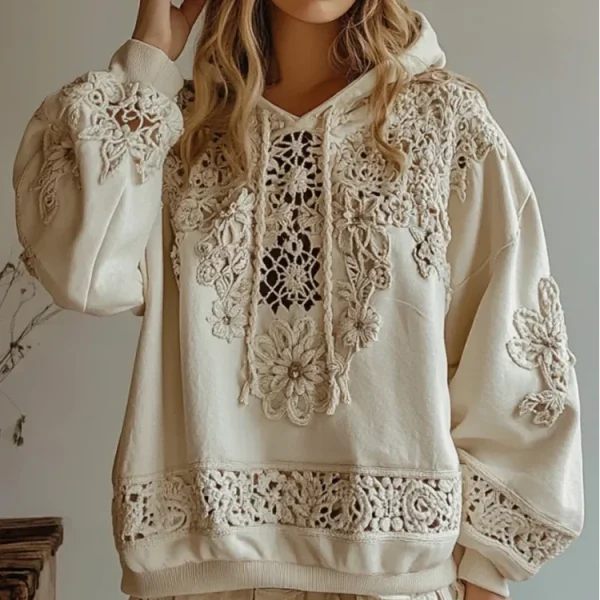 2025 Women's Vintage Wildflower Floral Embroidered Hoodie Sweater Loose Casual Style European American Plus Size for Winter - Image 4