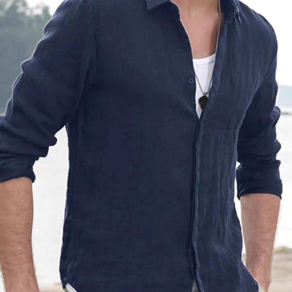 European American High-End Men's Slim-Fitting Linen Long-Sleeved Work Shirts Breathable White Cardigans for Sun Protection - Image 5