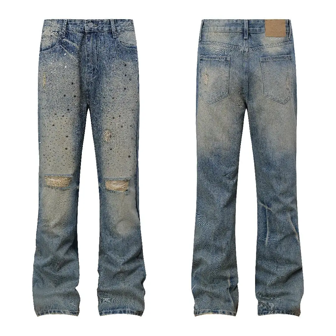 European American Vintage Men’s Slim Fit Straight Denim Pants Mid Waist Rhinestone Decorated Washed Printed Jeans for Men
