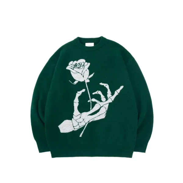 American Retro Print Wool Sweater for Men Women Rose Skull Design Loose Knitted Lazy Couple for Spring Fall Winter - Image 3