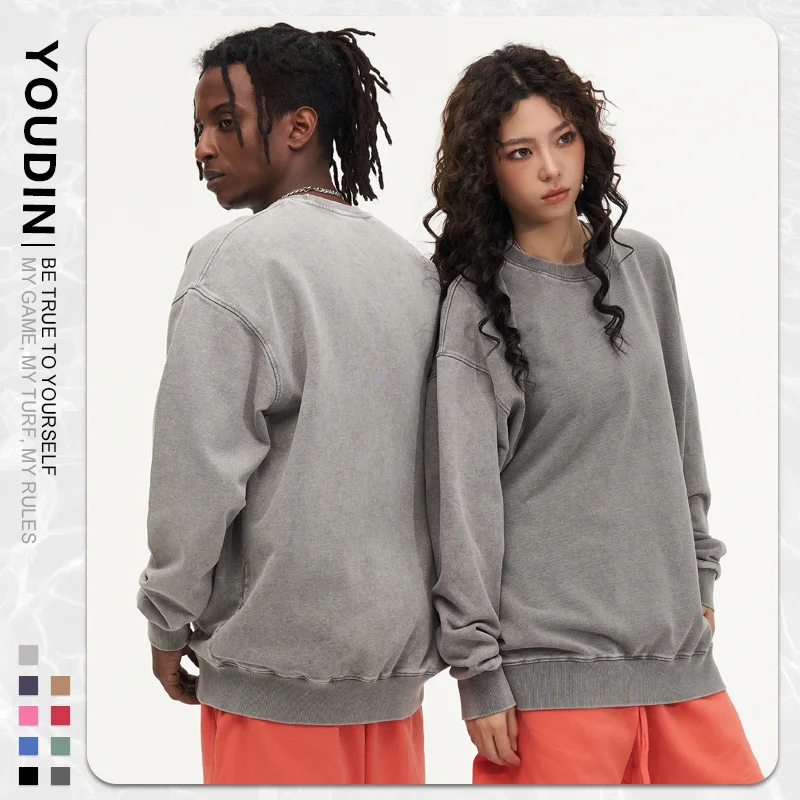 European Size Sweatshirt Pure Cotton Washed Distressed Heavyweight  Autumn Winter Tops Jacket Drop Shoulder Unisex Sweatshirt