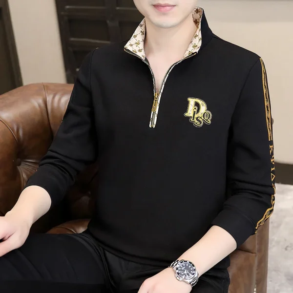 Men's Casual Printed Long Sleeve for Polo T-Shirt Breathable Floral Embroidered Knitted Clothing with Zipper Design - Image 5