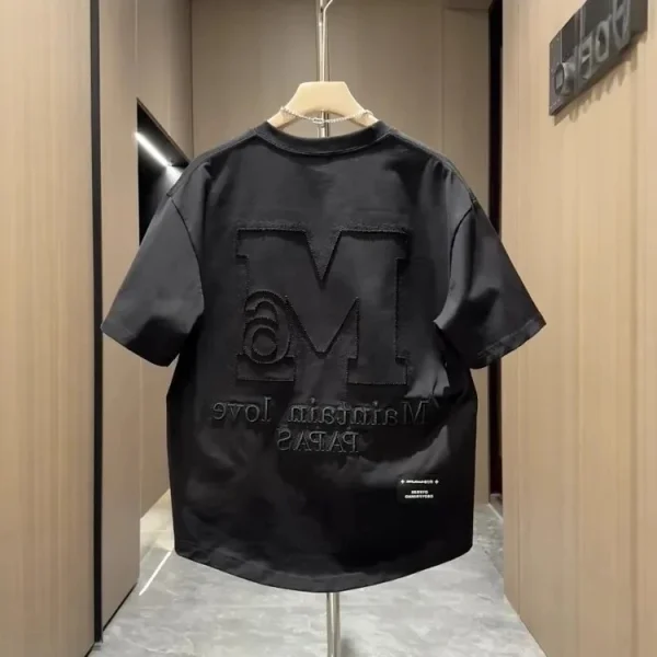 2025 Summer Trendyy Men's Casual Short-Sleeved T-Shirt 100% Cotton Heavy Industry 3D Embroidered Letter Design Men's 3D - Image 2