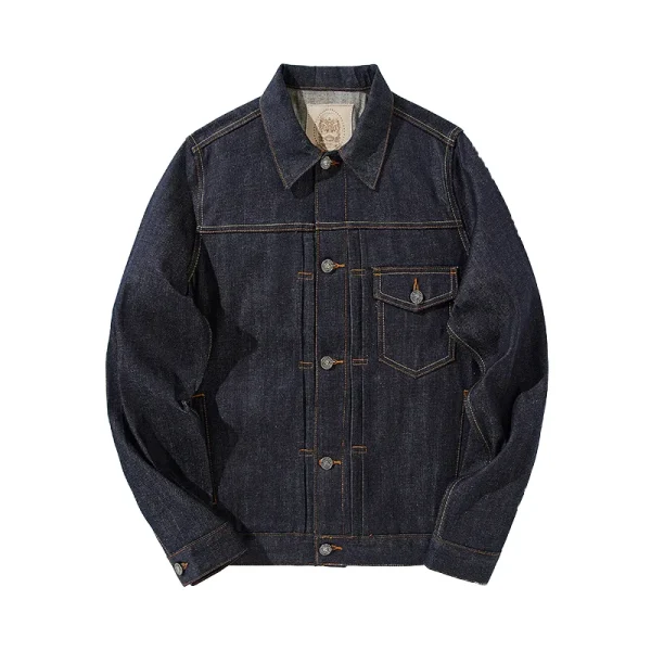 American Vintage Men's Slim Thick Jean Jacket Original Red Selvedge Denim Dark Blue Streetwear Washed Technics Casual Winter