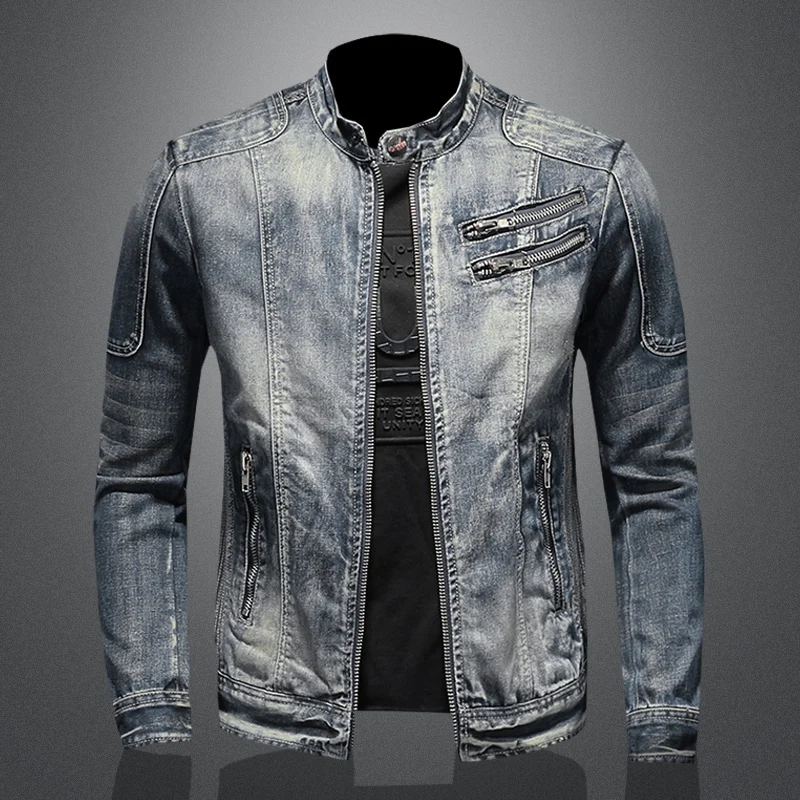 Men’s Retro American Slim Stand Collar Denim Jacket with Zipper Casual Work Cycling Motorcycle Riding Featuring Jeans Jacket