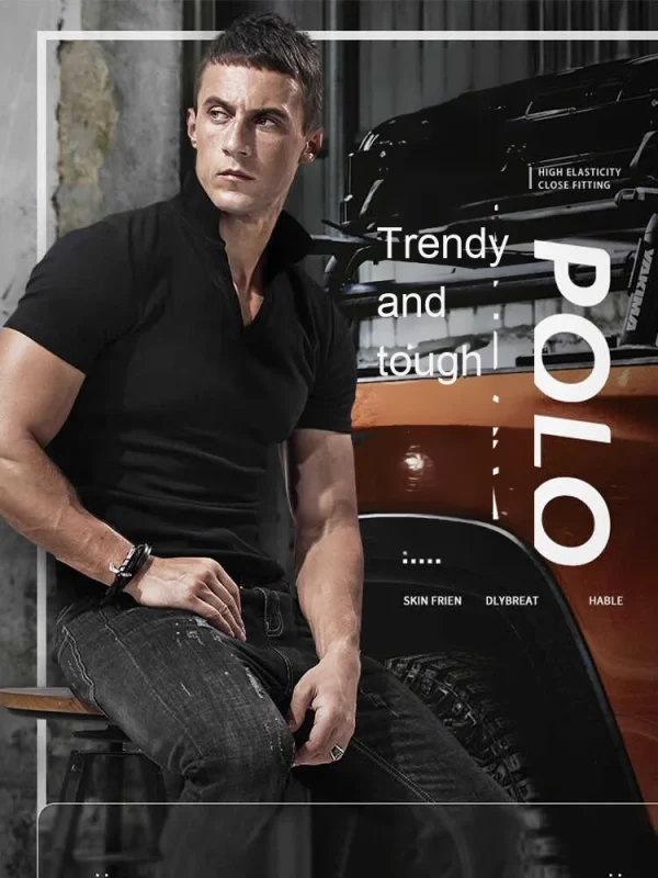 American Style Men's for Polo Shirt Short Sleeve Slim Fit V-Neck Stretch Solid Color T-Shirt with Turn-Down Collar Knitted - Image 2