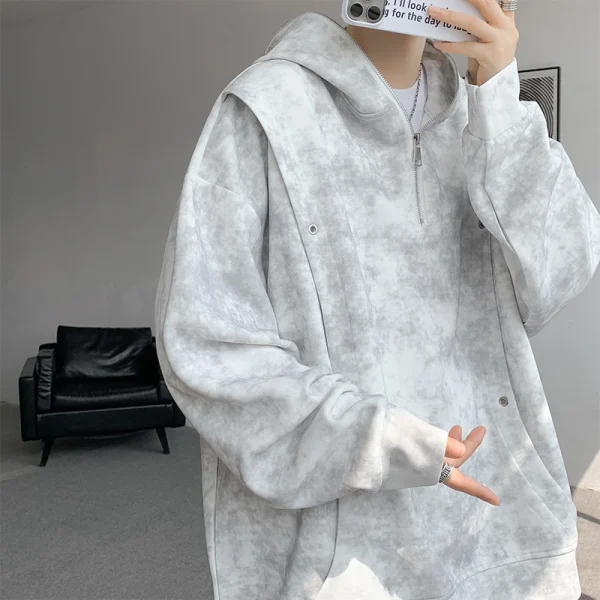 2025 New American Style Trendy Men's Half-Zip Hoodie Spring Autumn Casual Loose Tie-Dye Knitted Polyester/Cotton Solid Hooded - Image 4