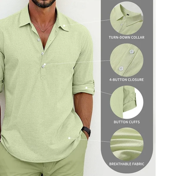 2025 Summer Trendy Solid Color 100% Cotton Men's Casual Long Sleeve Turn-Down Collar Half Cardigan European American Plus Size - Image 5