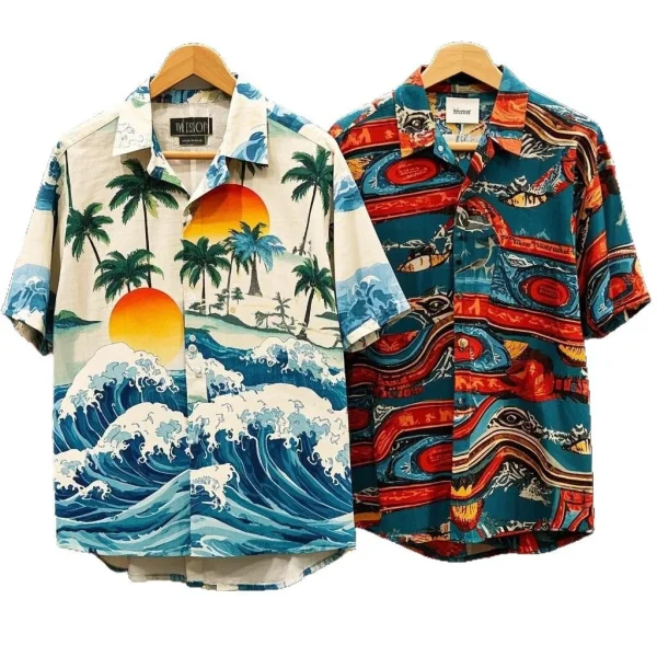 European American Floral Hawaiian Digital Print Short Sleeve Men's Shirt Cross-Border Casual Loose Fit Single Breasted Dobby - Image 2