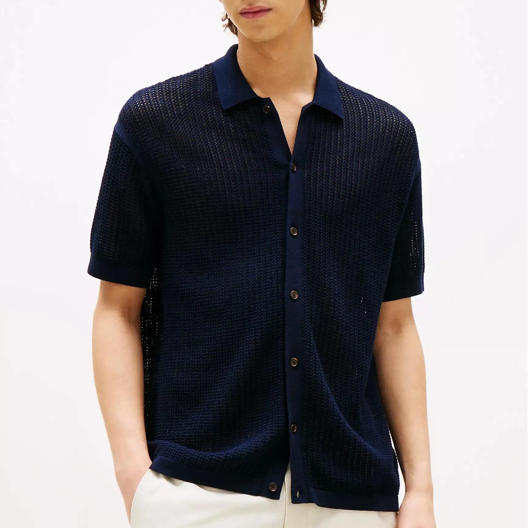 Summer 100% Cotton Mesh Knit Shirt for Men Plus Size Casual for Polo Collar Short Sleeve Cardigan