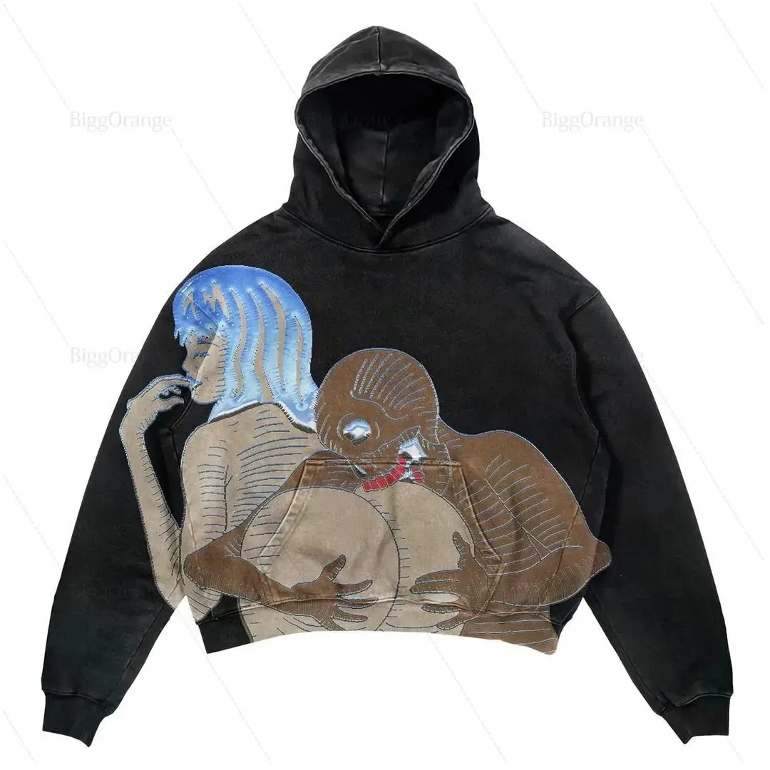 Unisex Acid Wash Knitted Material Hoodie for Winter Casual Rhinestone 1 1 Print Autumn Hooded Collar Direct