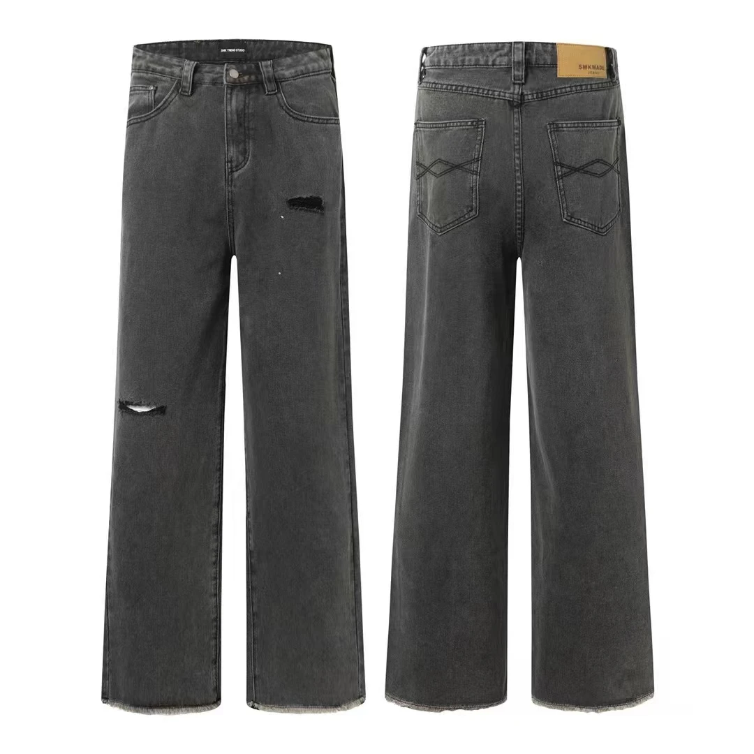 American Vintage Men’s Slim Fit Elastic Denim Pants Mid Waist Button Decorated Washed Distressed Hole Jeans for Summer Straight