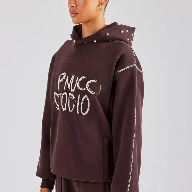 European American Printed Hoodie with Beading at Hood High Quality Plus Sized Women’s Sweatshirt Hot Sale  Hoodie for Women