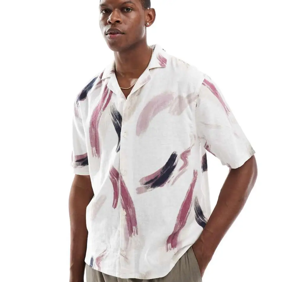 Oversized Linen Half-Sleeve Men’s Casual Anti-Shrink Anti-Pilling Abstract Print Button-Up Plus Size Service Available