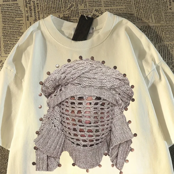 American Street Style Trendy 100% Cotton Summer High Street Oversize Top Solid Rivet Masked Short-Half-Sleeved T-Shirts - Image 2