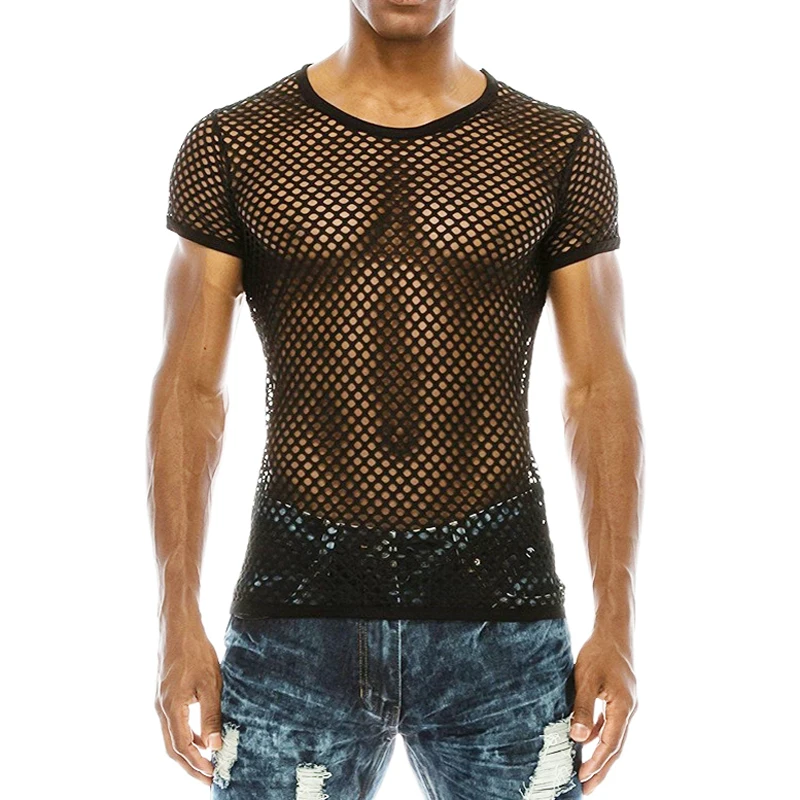European American Summer New Product Men’s Personalized Neck Cut T-Shirt Casual Group Blouse Mesh Fishnet Breathable Hole Solid