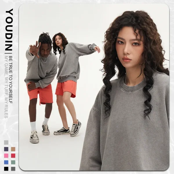 European Size Sweatshirt Pure Cotton Washed Distressed Heavyweight  Autumn Winter Tops Jacket Drop Shoulder Unisex Sweatshirt - Image 4