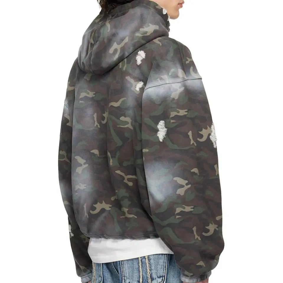 2025 Men’s Camo Rock Printed Oversized French Terry Hoodie with Distressing Spray-paint Effect
