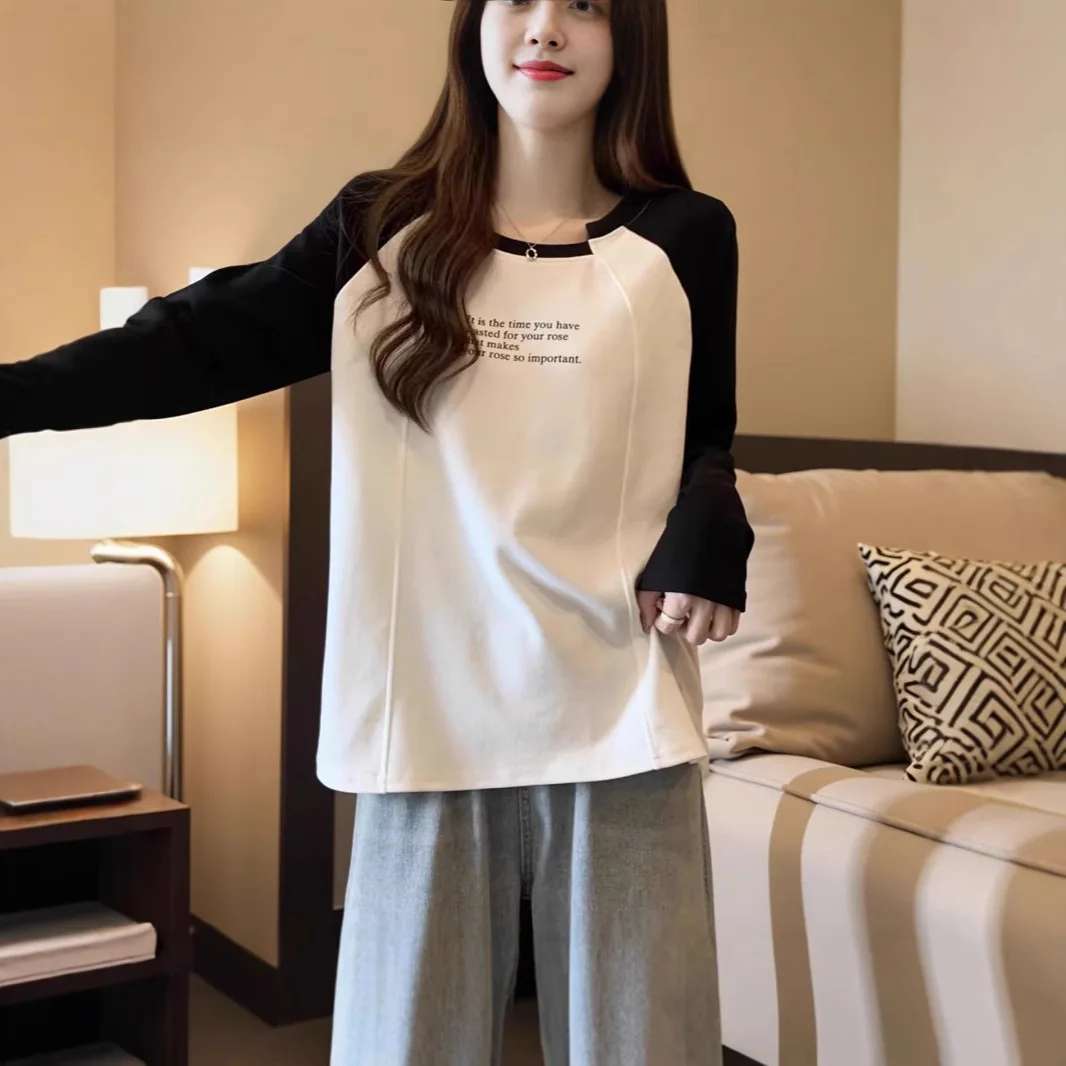 Women’s Casual Spring Autumn  T-Shirt 100% Cotton Loose Fit Long Sleeve Irregular Collar Color Block Tee Shirts for Women