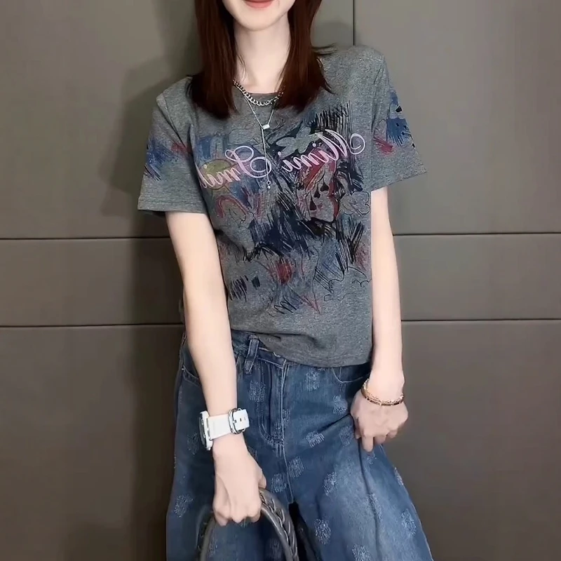 European-Style Summer Women’s Cotton T-Shirt Plus-Size Flattering Casual Top Pattern Regular Shoulder Short-Sleeve Printed Top