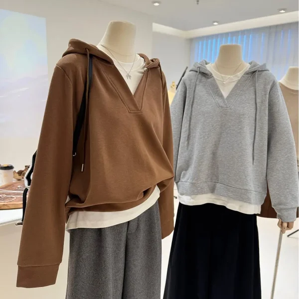 European American V- Neck Hoodie 2 in 1 Sweatshirt High Quality Plus Sized Women's Sweatshirt Hot Sale  Hoodie for Women - Image 2