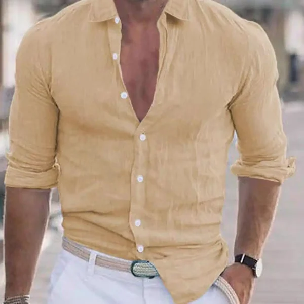 European American High-End Men's Slim-Fitting Linen Long-Sleeved Work Shirts Breathable White Cardigans for Sun Protection - Image 3